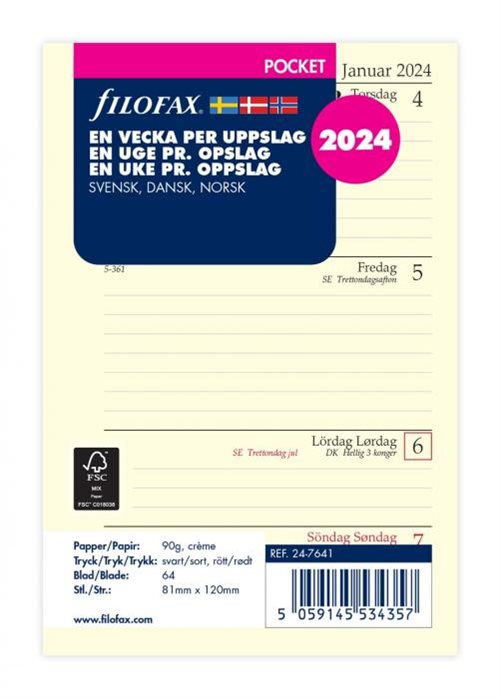 Filofax Refill | Pocket | 2024 | Uge per opslag |