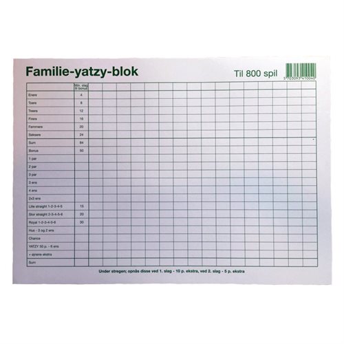 Familie Yatzy Blok | A4 | 6 terninger |