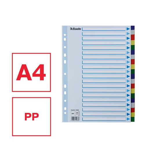 Faneblade PP A4 20-delt farvede faner